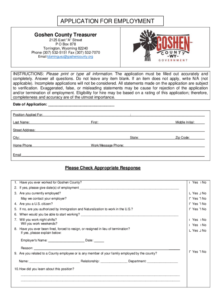 Fillable Online Goshen County Treasurer Employment Application Fax