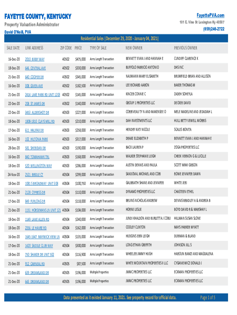 Fillable Online David O'Neill, PVA Fayette County Property Valuation