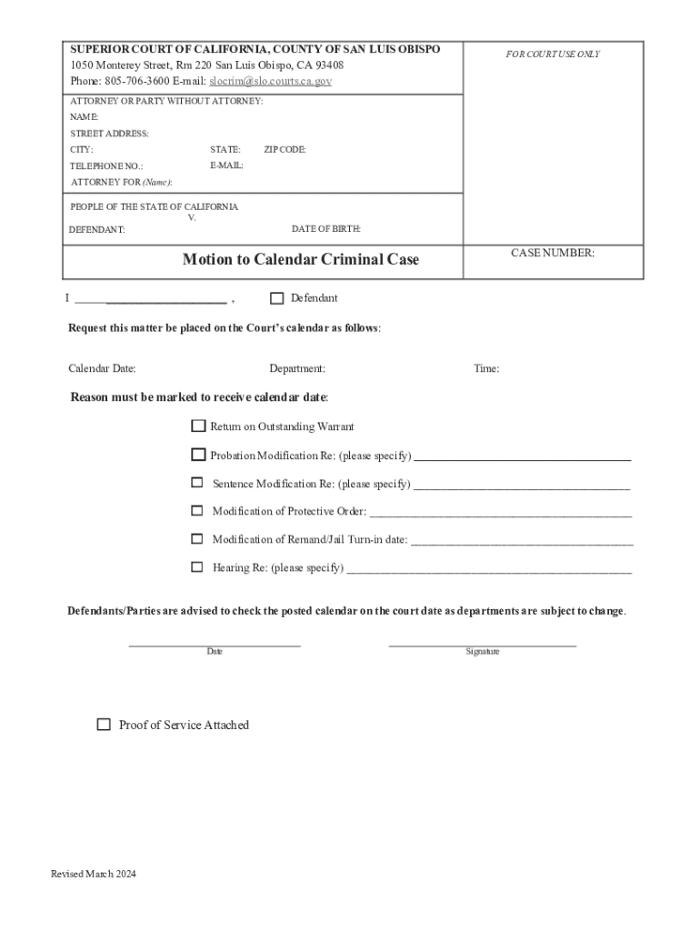 Fillable Online motioncalendarcriminalcaseandpos.pdf Fax Email