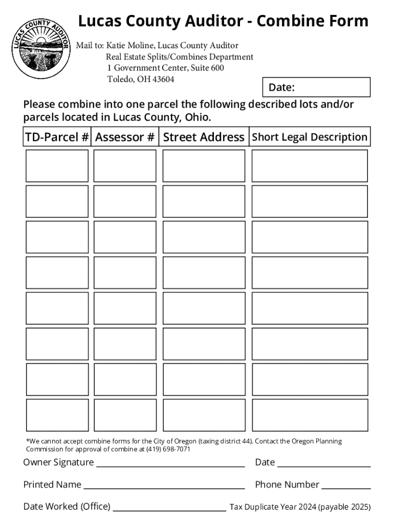 Fillable Online Lucas County Auditor Combine Form Fax Email Print