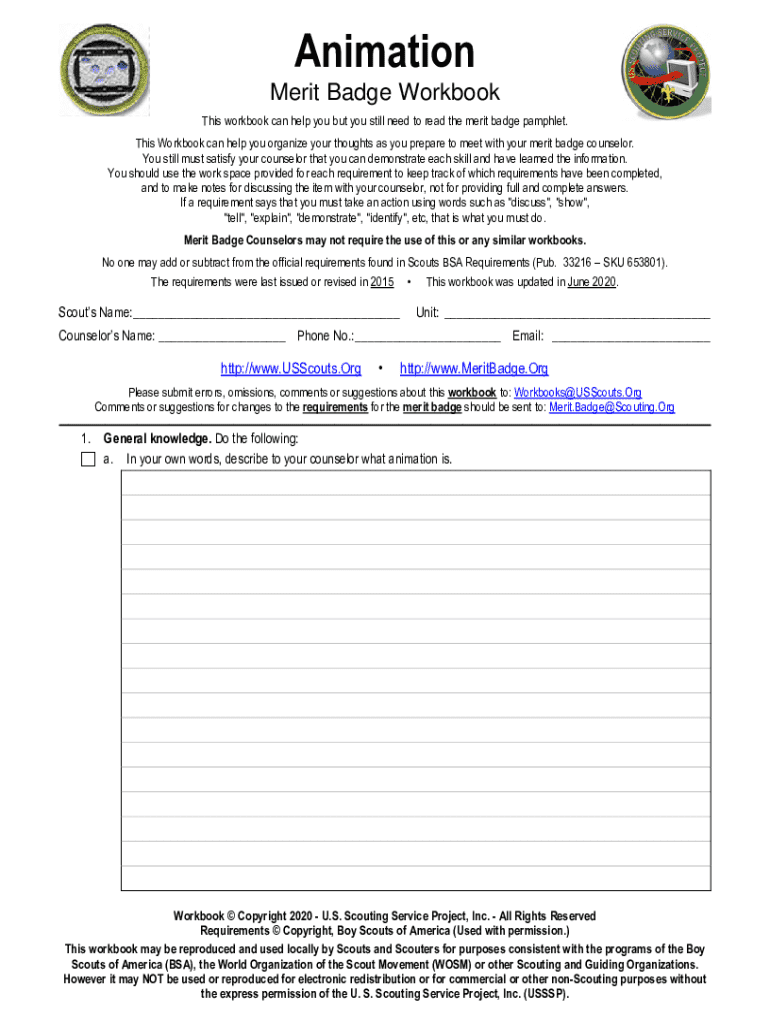 Fillable Online Animation.docx Animation Merit Badge Workbook This