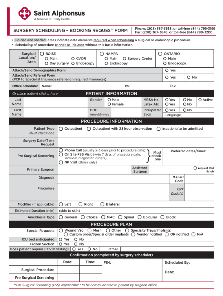 Fillable Online www saintalphonsus Saint Alphonsus Surgery Scheduling