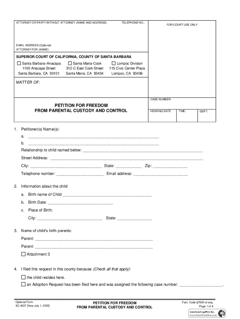 Fillable Online PETITION FOR FREEDOM FROM PARENTAL CUSTODY Fax