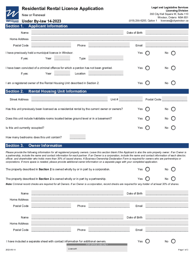 Fillable Online City of Windsor Residential Rental Licence Application