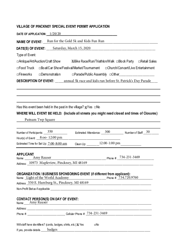 Fillable Online village of pinckney special event permit application