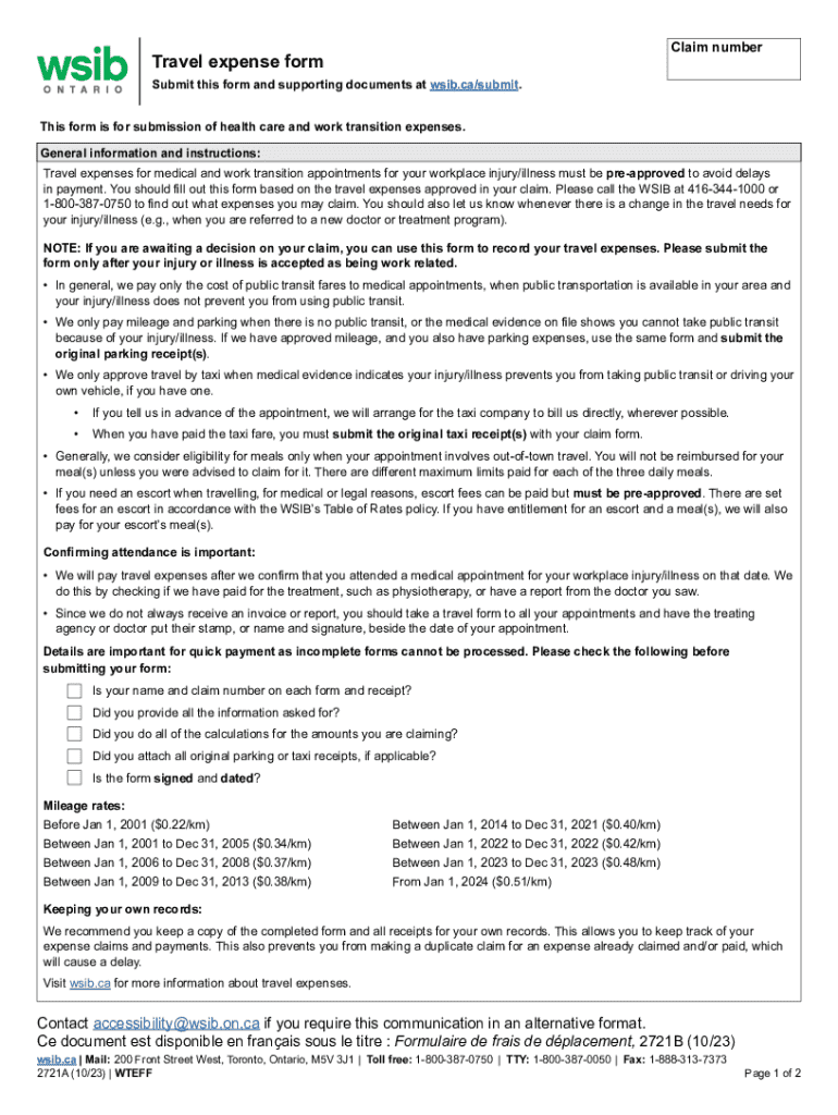 Fillable Online WSIB Worker Health Care Travel Expense Form. Fax