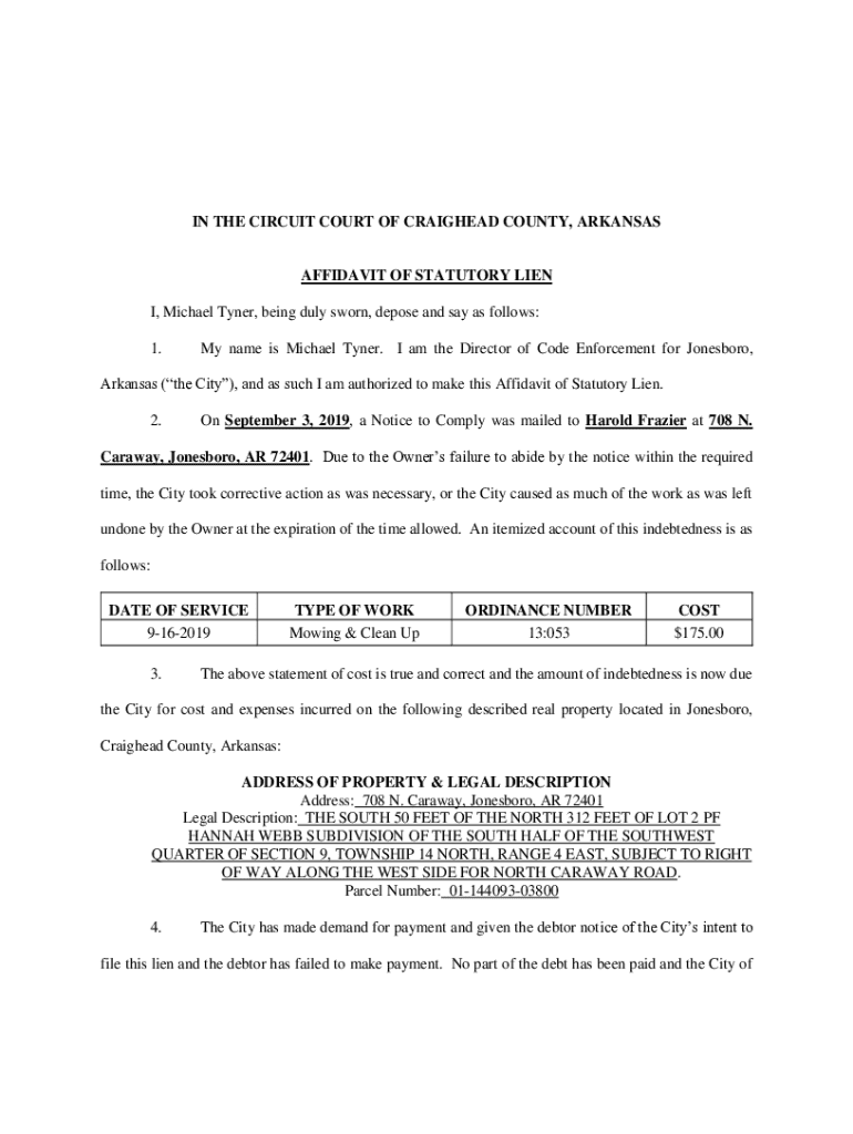Fillable Online RES19185 Affidavit of Statutory Lien 708 N