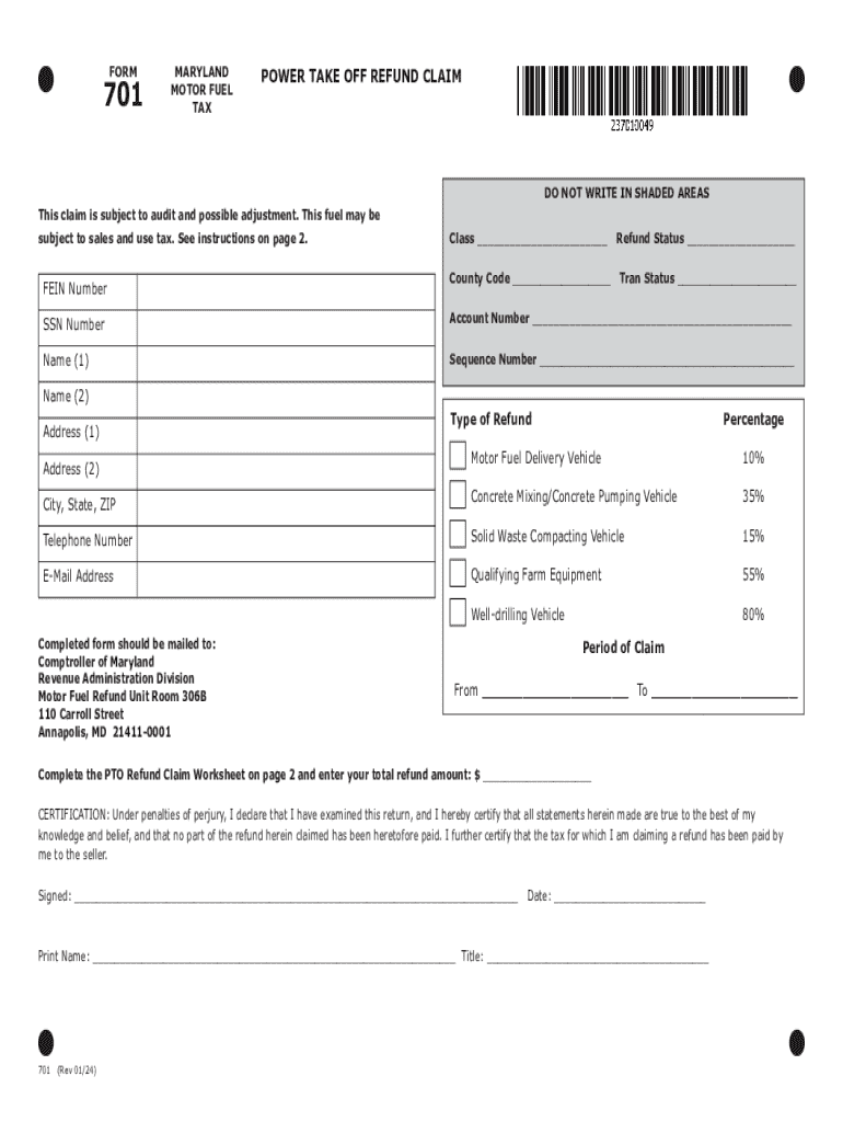 Fillable Online Tax Year 2023 Form 701 POWER TAKE OFF REFUND CLAIM. Tax