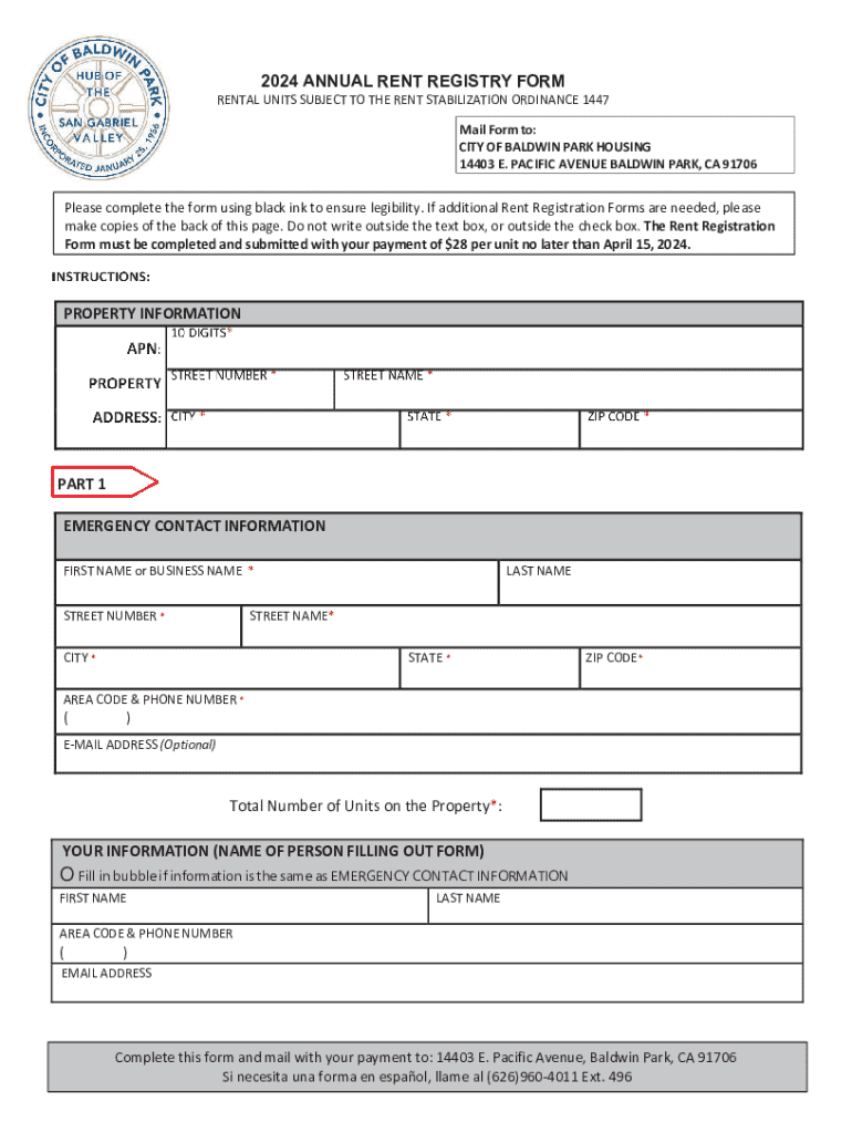 Fillable Online APN PROPERT Y 202 2024 ANNUAL RENT REGISTRY FORM