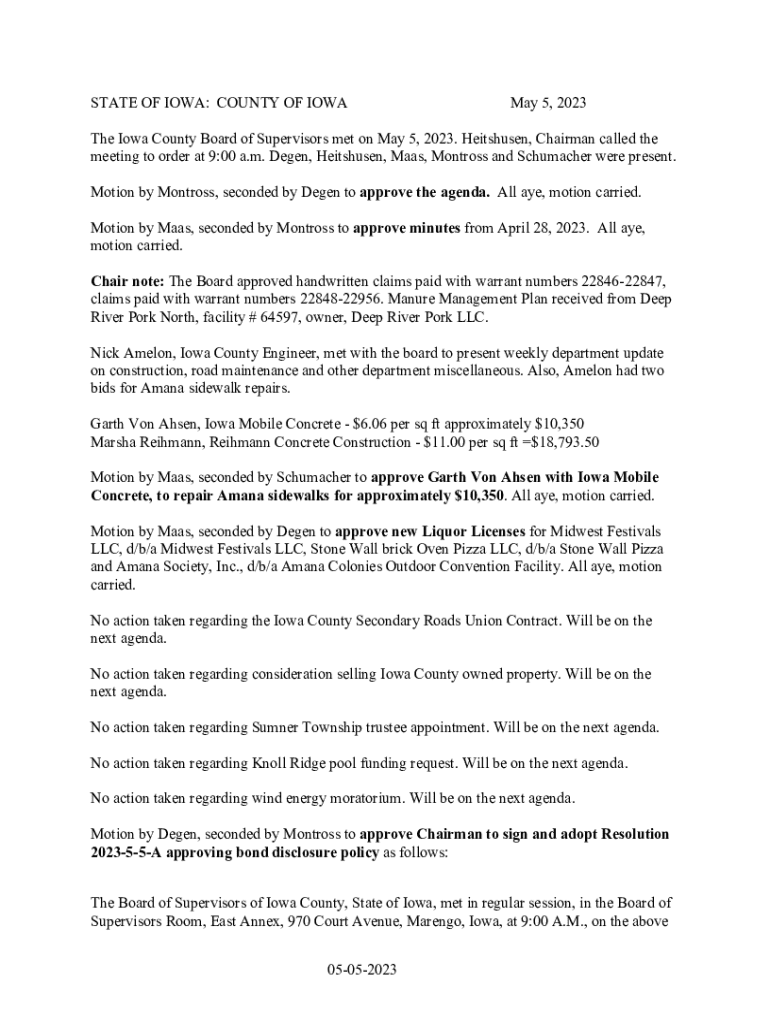 Fillable Online The Iowa County Board of Supervisors met on May 5, 2023