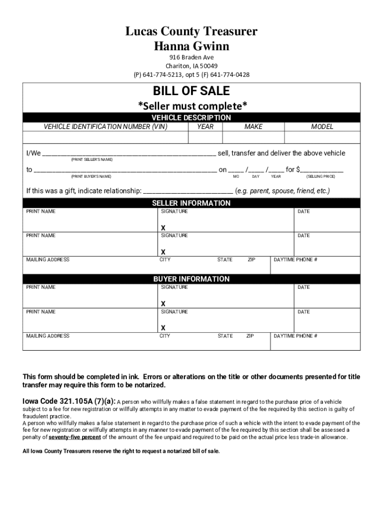 Fillable Online Lucas County Treasurer Hanna Gwinn BILL OF SALE Fax