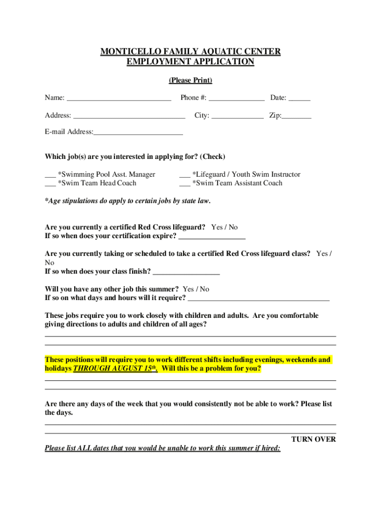 Fillable Online Omro Family Aquatic Center Seasonal Job Application Fax