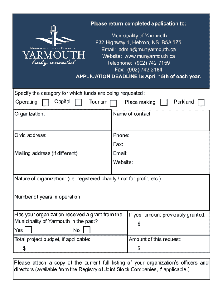 Fillable Online Municipality of Yarmouth Grant Application form Fax Email Print pdfFiller