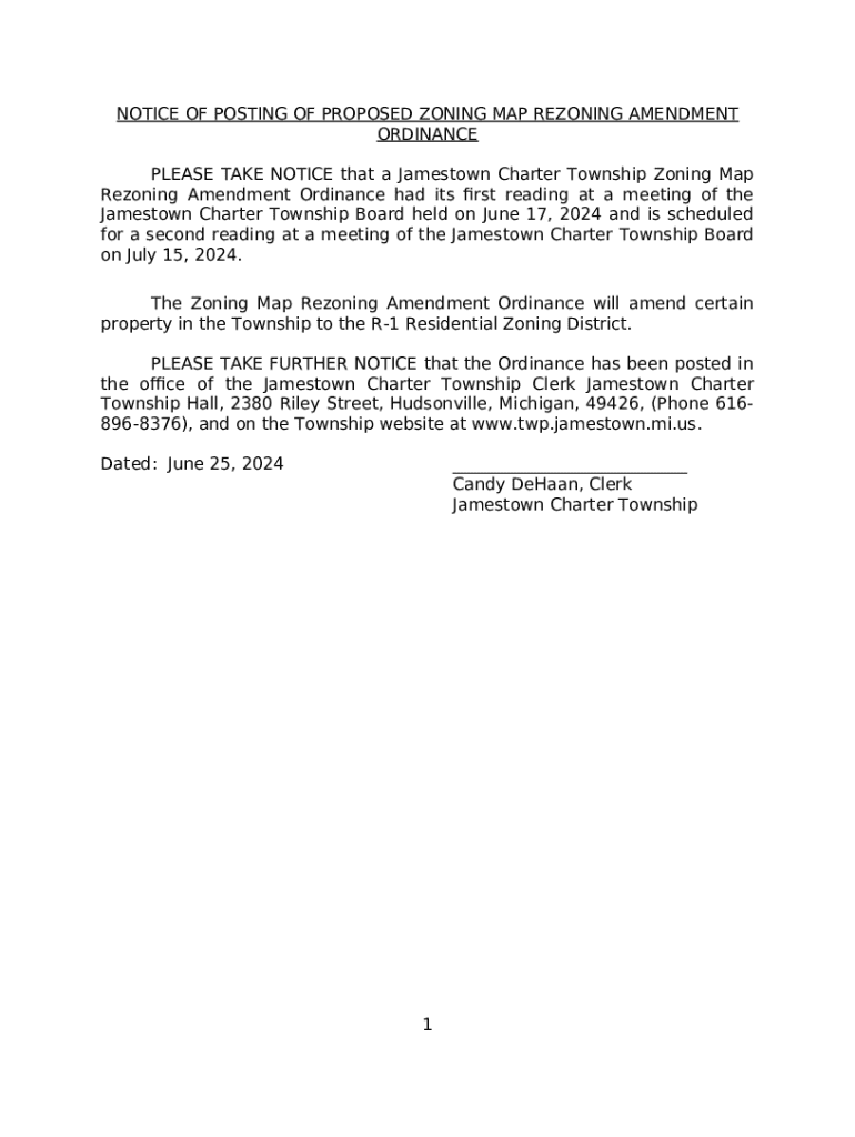 notice of posting of proposed zoning map rezoning amendment twp