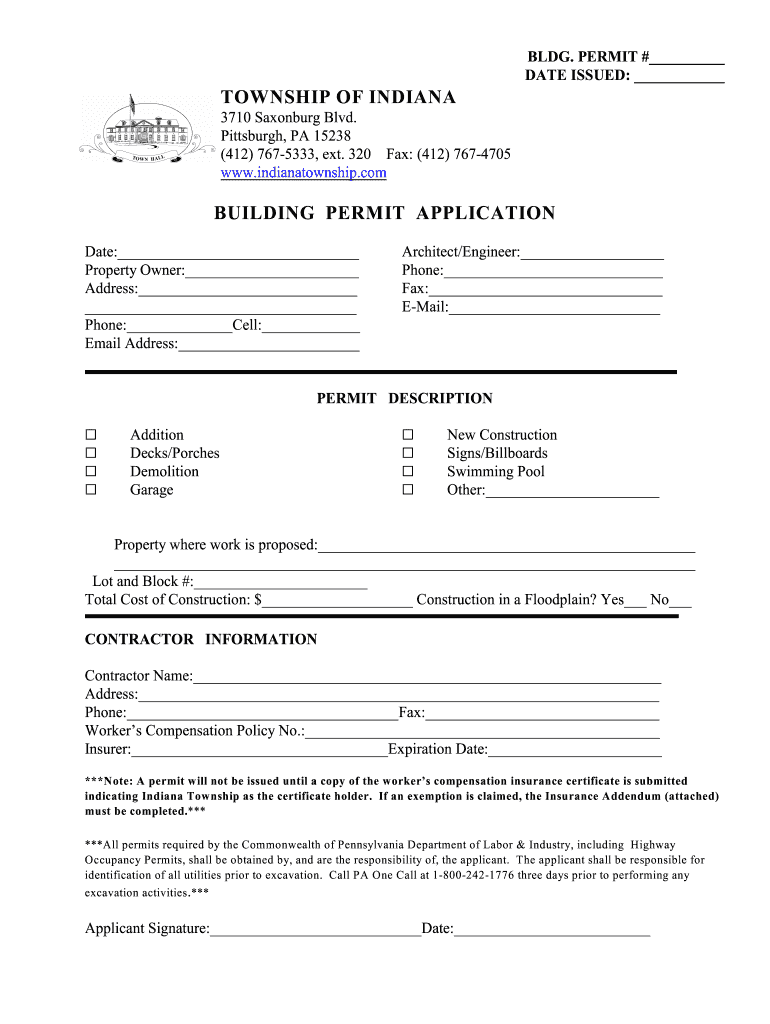 Fillable Online TOWNSHIP OF INDIANA BUILDING PERMIT bAPPLICATIONb Fax