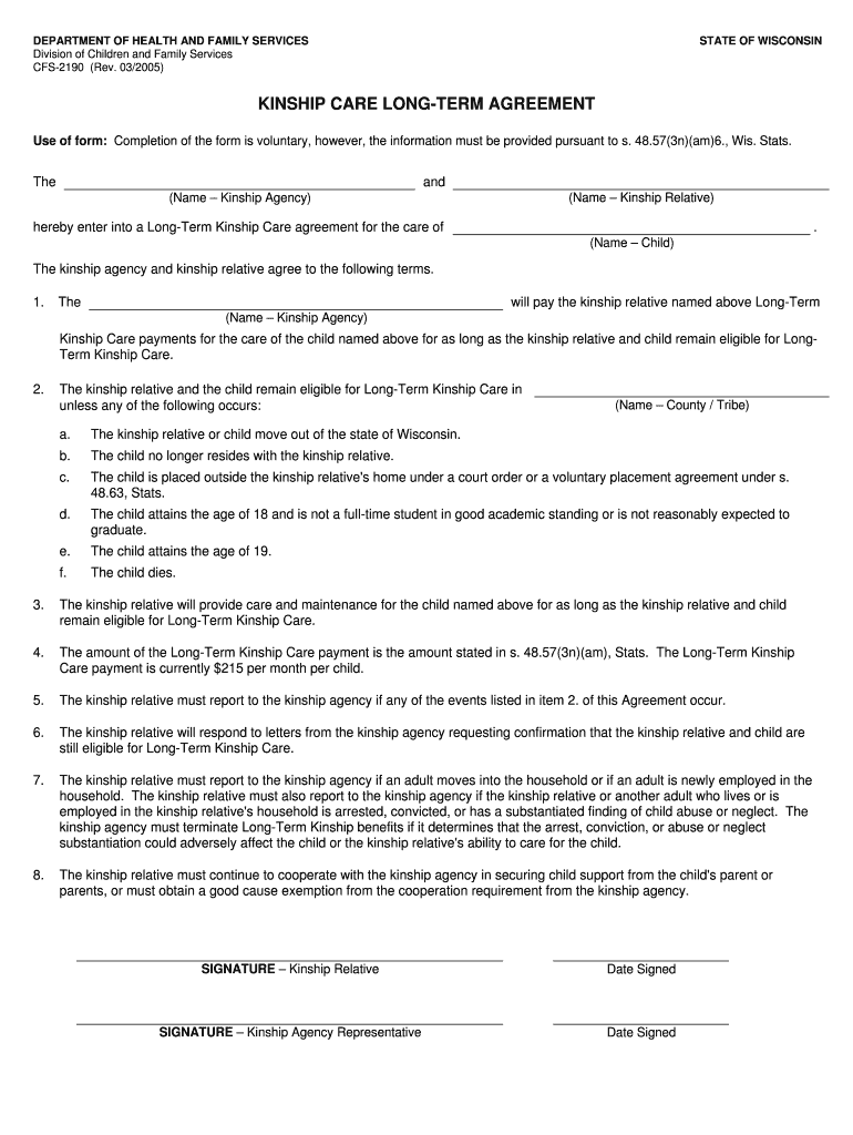Fillable Online Kinship Care LongTerm Agreement, CFS2190. bpp form Fax Email Print pdfFiller