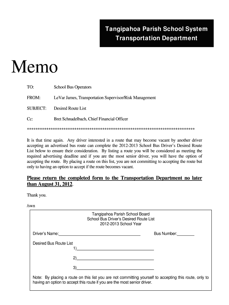 Fillable Online tangischools Desired Bus Route Tangipahoa Parish