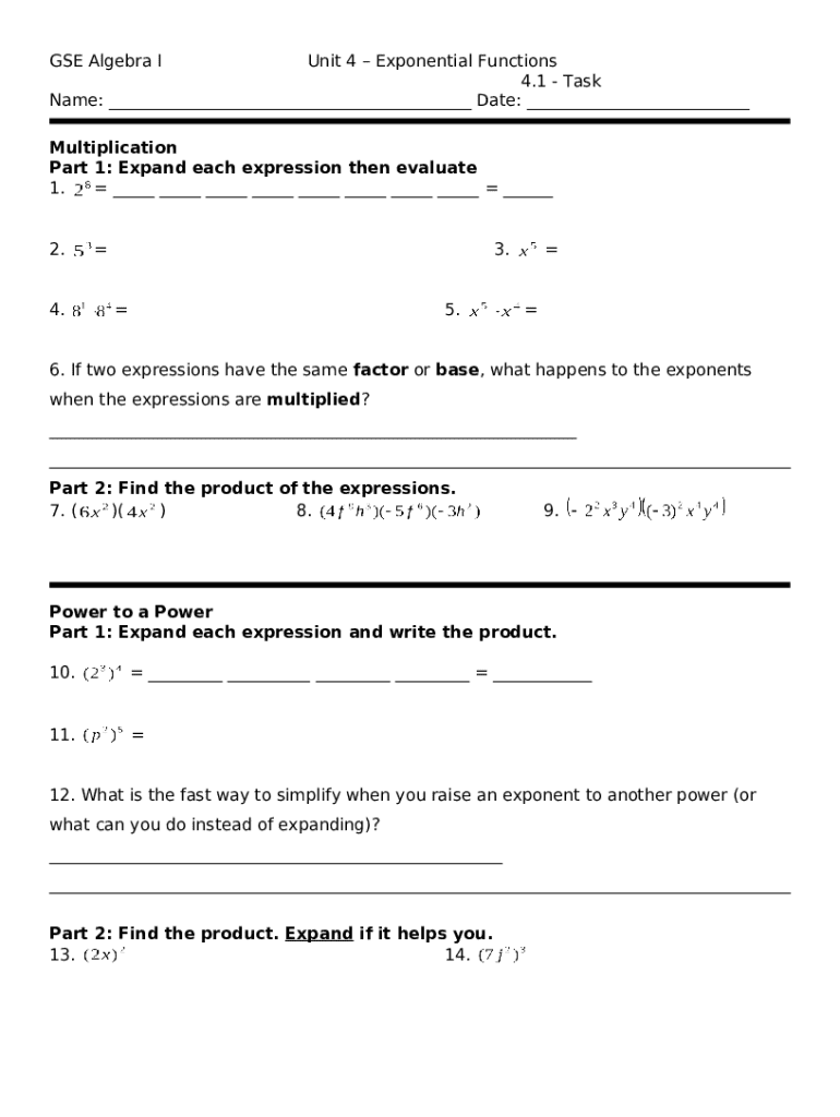 Exponent Operations Worksheet 1 Doc Template | pdfFiller