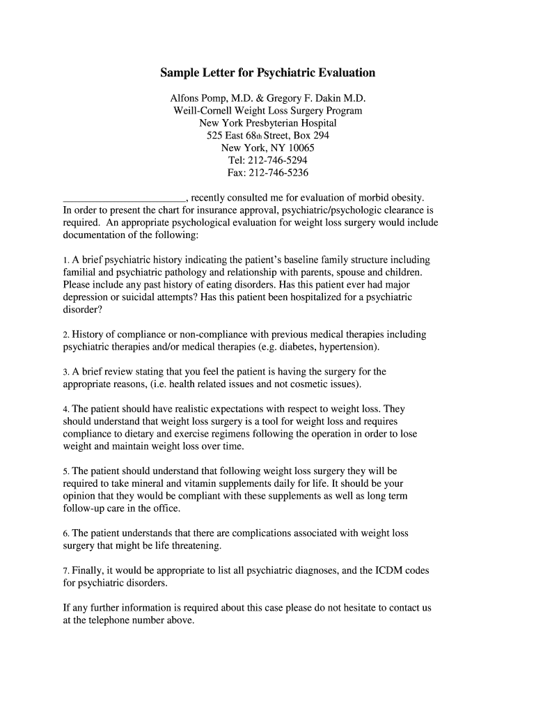 Fillable Online Sample Letter for Psychiatric Evaluation Fax Email