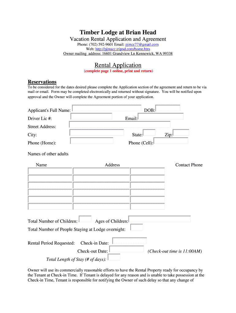 Fillable Online Timber Lodge at Brian Head Vacation Rental Application
