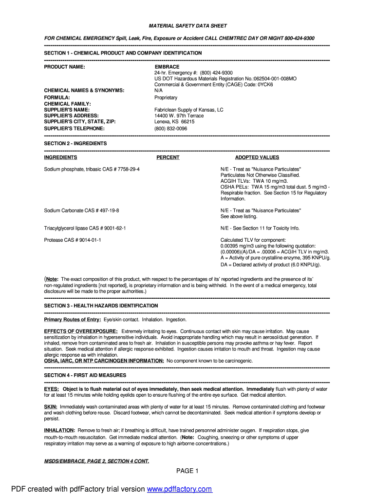 Fillable Online Word Pro Embrace FabriClean Supply Fax Email Print