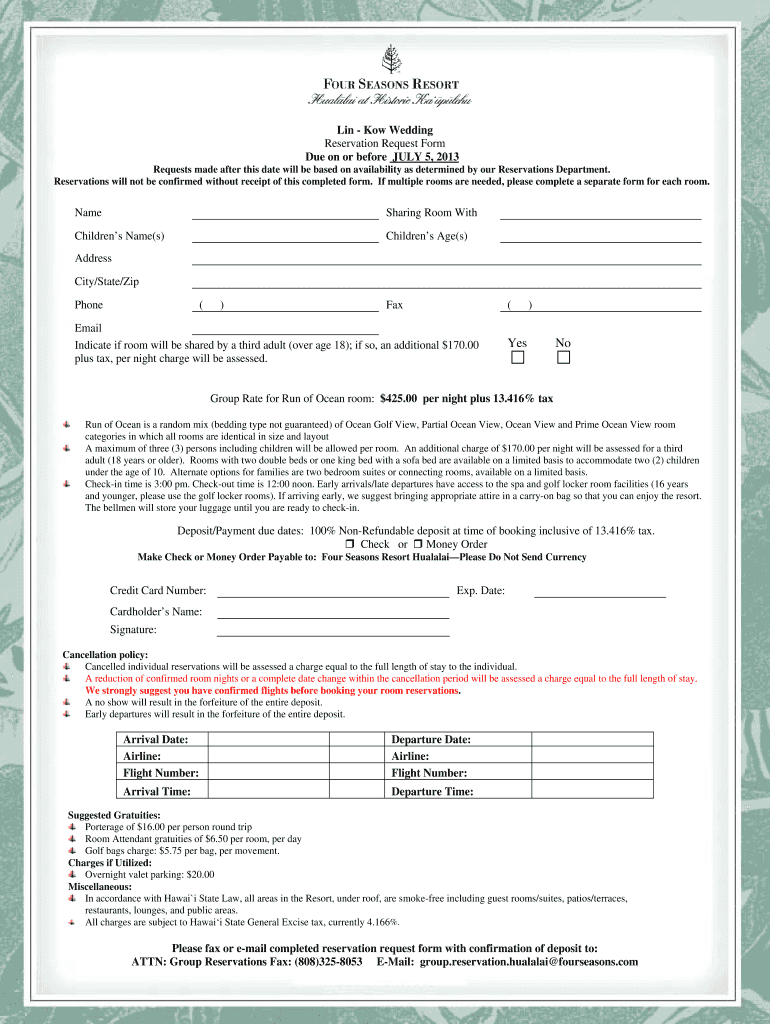 Fillable Online Lin & Kow Wedding Reservation Form Four Seasons