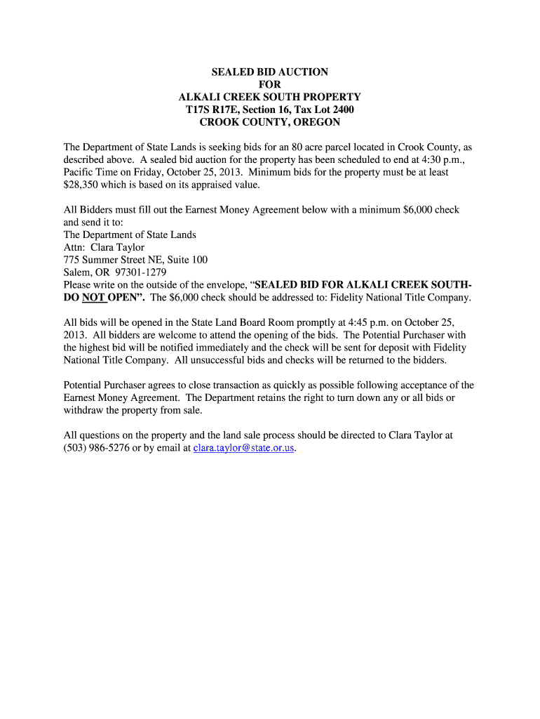 Fillable Online oregon SEALED BID AUCTION FOR ALKALI CREEK SOUTH