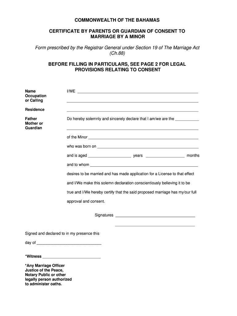 Fillable Online COMMONWEALTH OF THE BAHAMAS CERTIFICATE BY PARENTS