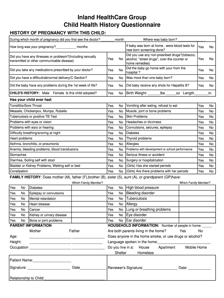 Fillable Online IHG CHild Health History Questionaire Englishxls Fax