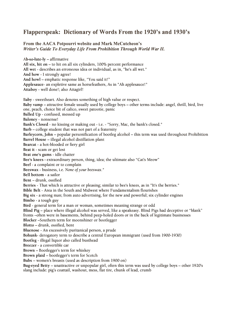 Fillable Online Flapperspeak Dictionary of Words From the 1920s and