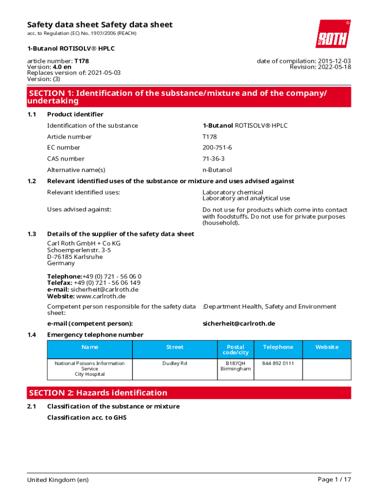 Fillable Online Safety Data Sheet for 1butanol Rotisolv® Hplc Fax