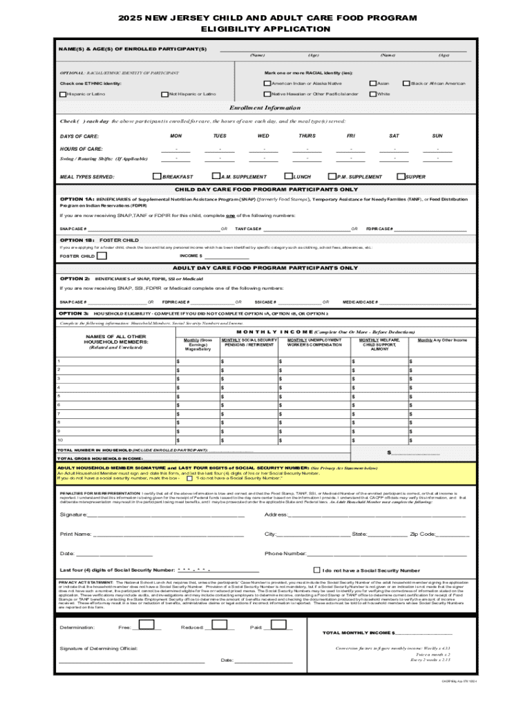 Fillable Online Eligibility Application for Child and Adult Care Food