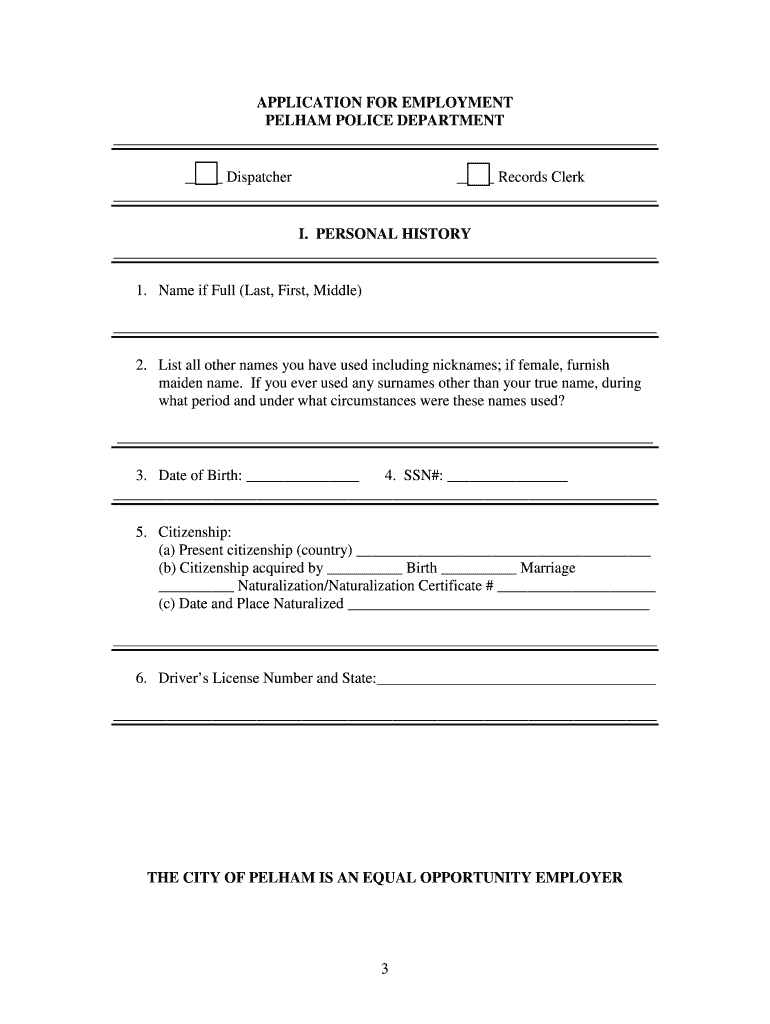 Fillable Online APPLICATION FOR EMPLOYMENT City of Pelham Fax Email Print pdfFiller