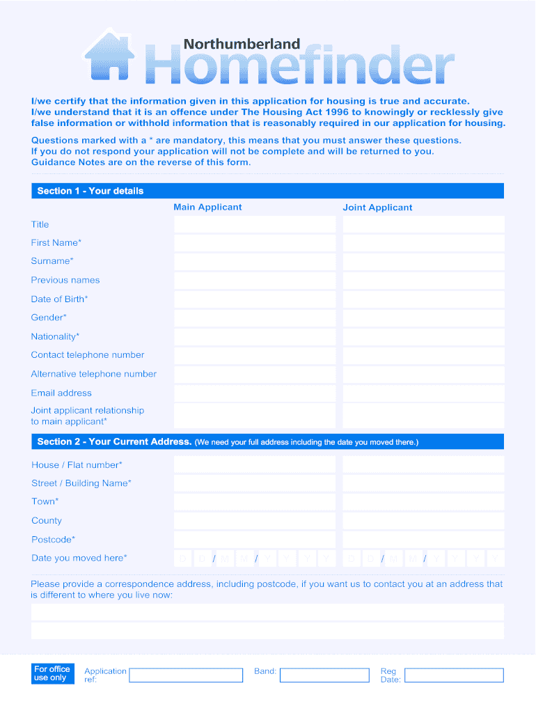 UK Four Housing Northumberland Homefinder Application Form 20122021
