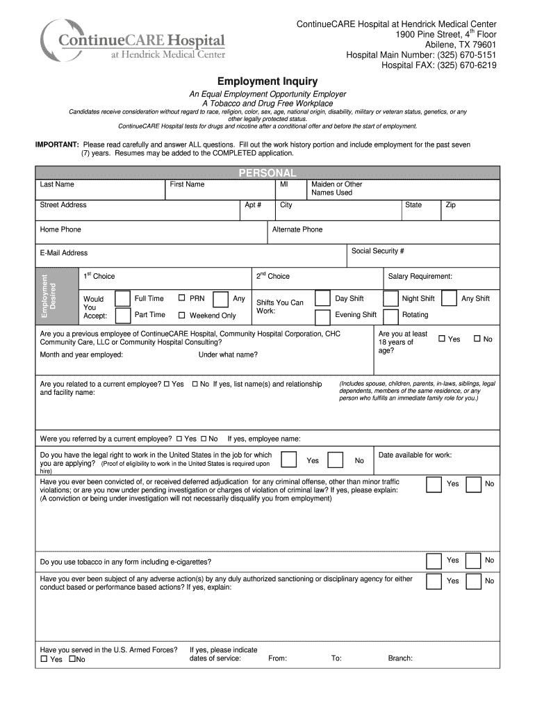 Fillable Online continuecare ContinueCARE Hospital at Hendrick Medical
