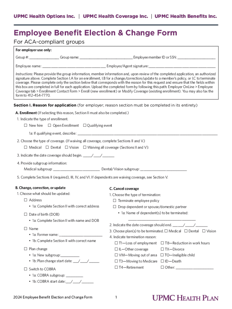 Fillable Online Upmc Health Benefits Inc. Employee Benefit Election