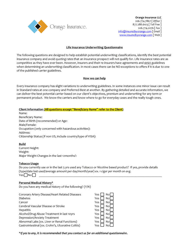 Fillable Online Life Insurance Field Underwriting Questionnaire Fax