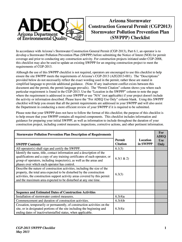 Fillable Online azdeq Arizona Stormwater Construction General Permit