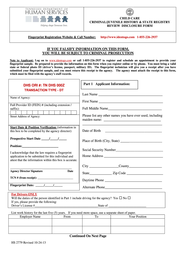 Tennessee Child Care Fingerprint Form Fill Online