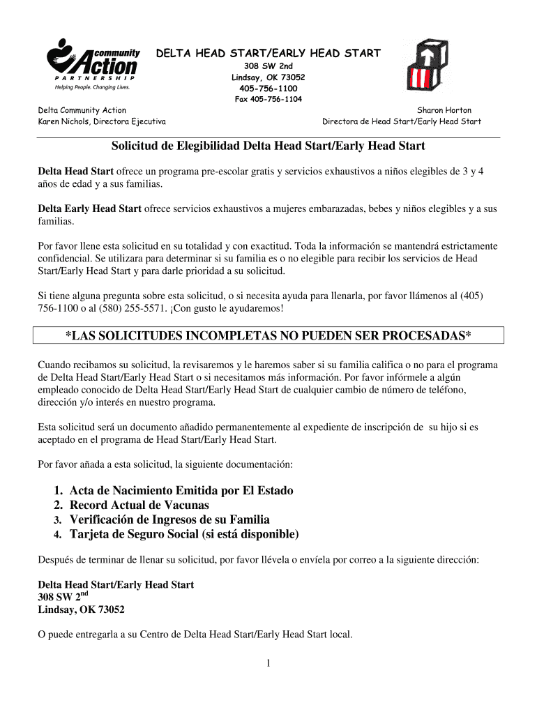DELTA HEAD STARTEARLY HEAD START Rellena, firma y envía para firmar