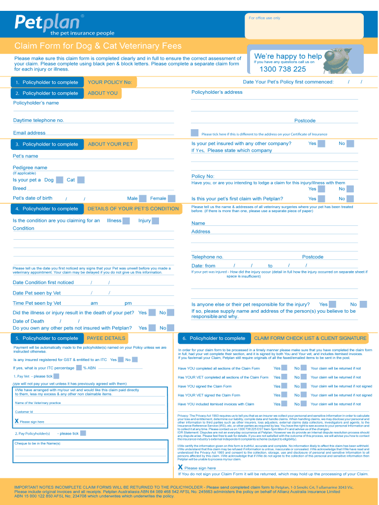 Fillable Online Petplan Claim Form Version JUNE10 Fax Email Print pdfFiller