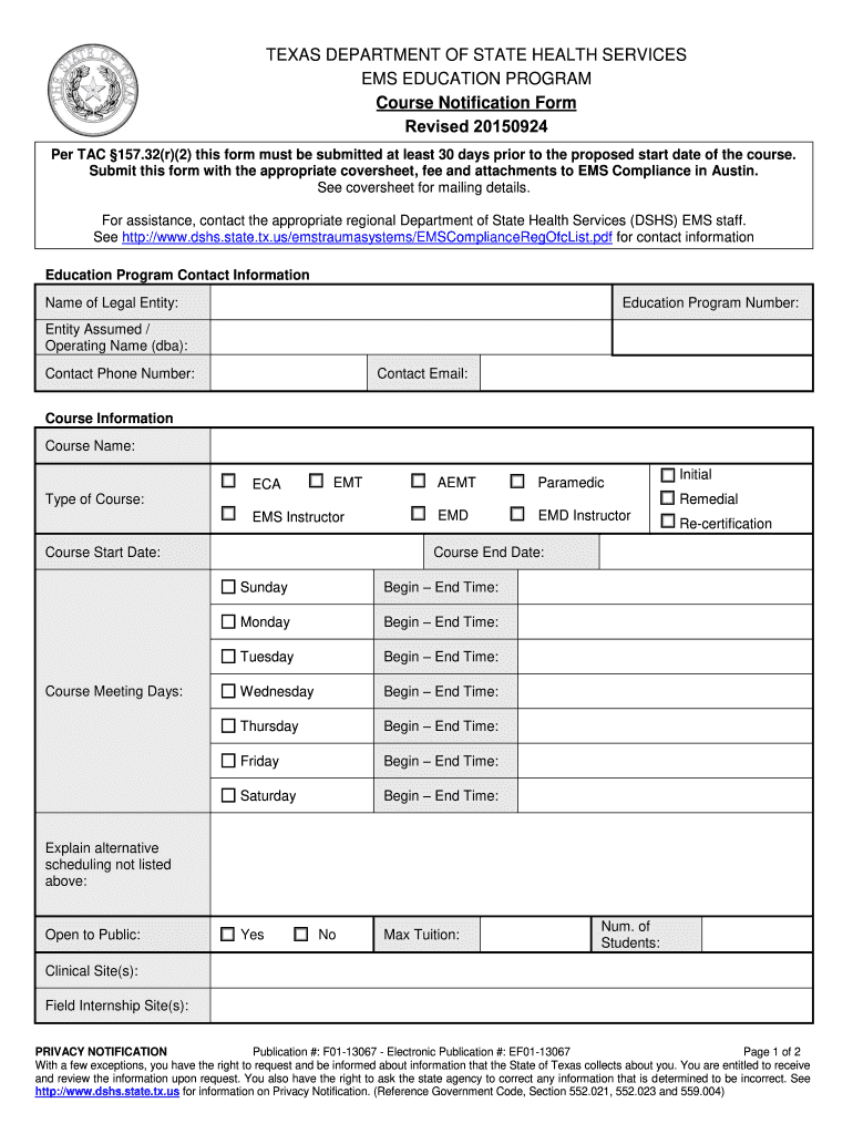 Fillable Online dshs texas EMS Course Notification Form dshs texas