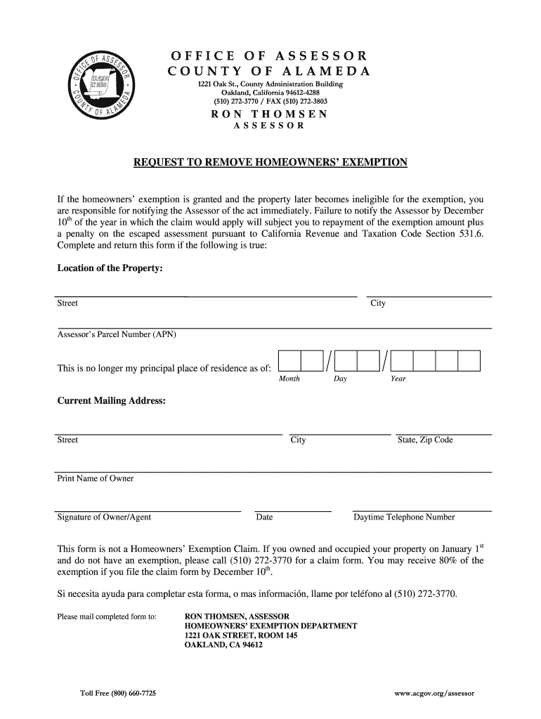 Fillable Online acgov Request to Remove Homeowner 's Exemption Form Fax