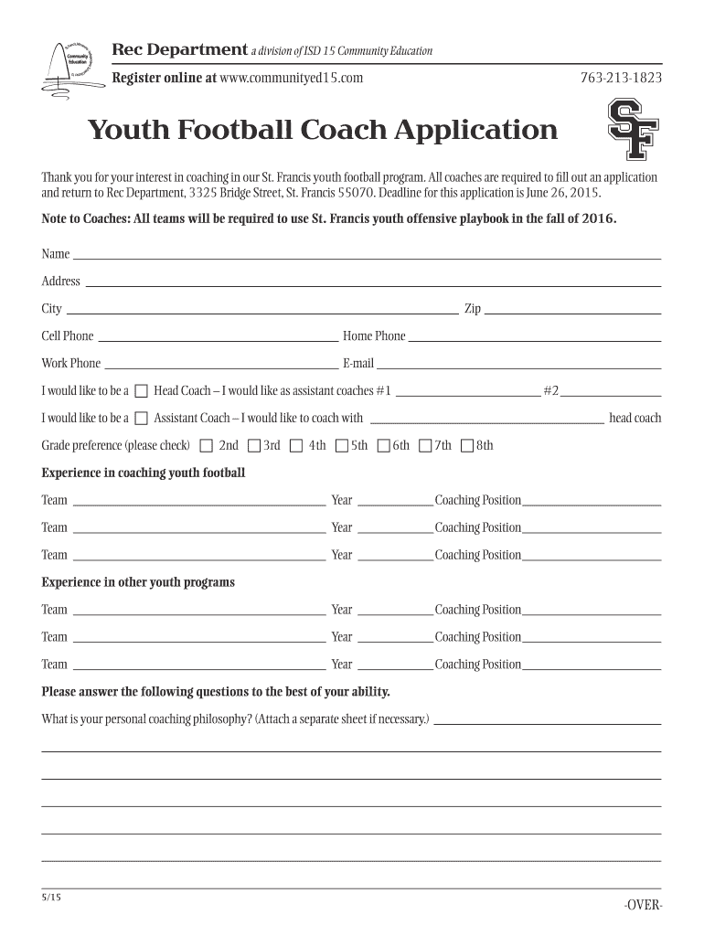 Youth Football Coach Application ISD 15, St. Francis stfrancis k12 mn Fill out & sign