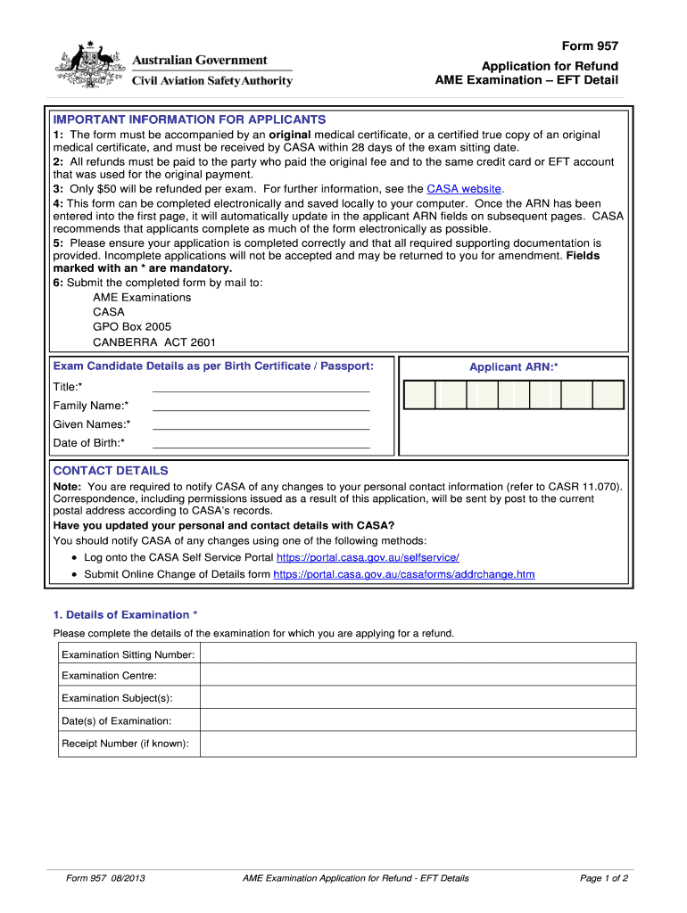 Fillable Online casa gov Form 957 Application for a Refund AME