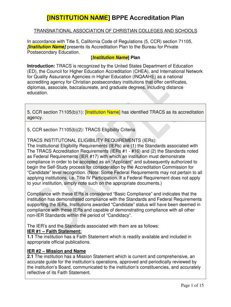 Fillable Online bppe ca Sample Accreditation Plan. Sample Accreditation