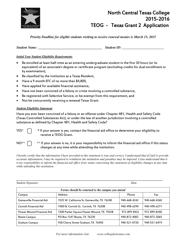 Fillable Online nctc North Central Texas College 20152016 TEOG Texas
