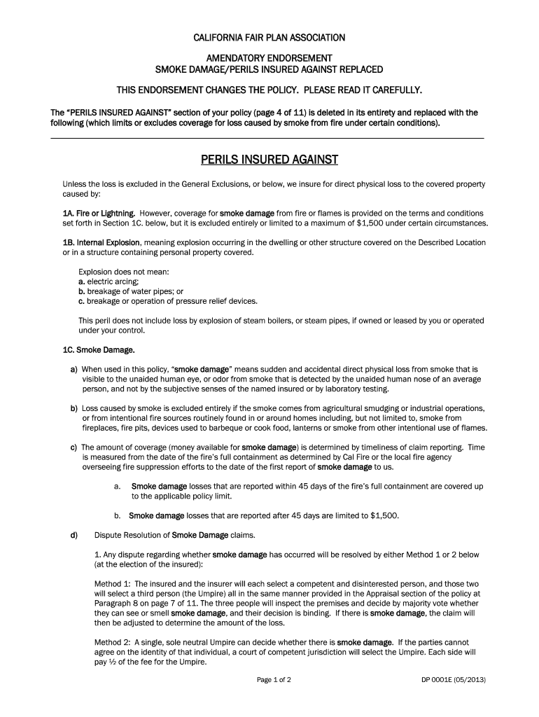Fillable Online Revised Dwelling Fire Policy California FAIR Plan