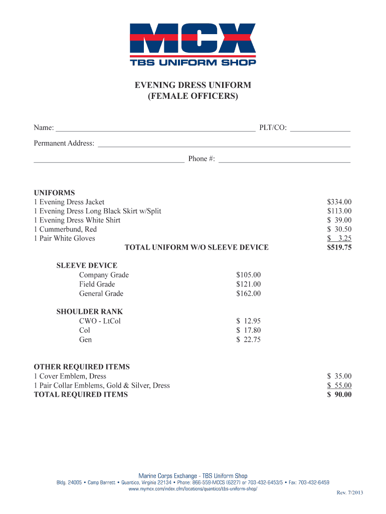 Fillable Online quantico usmcmccs TBS UNIFORM SHOP EVENING DRESS