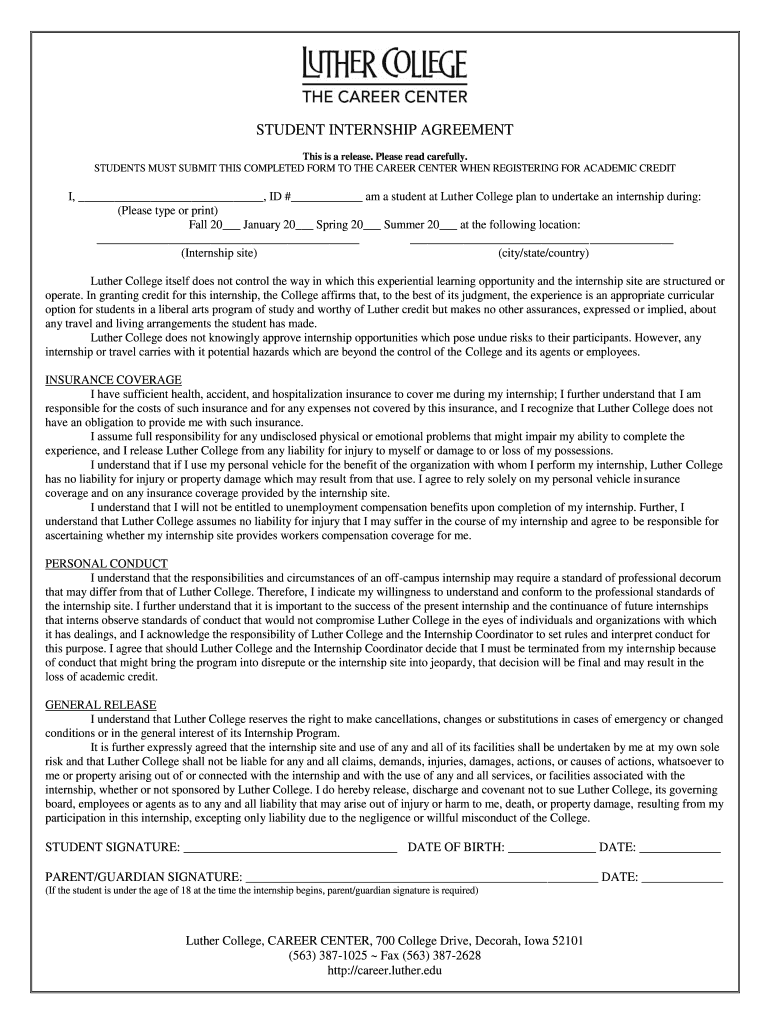 Fillable Online luther Student Internship Agreement (PDF) Luther